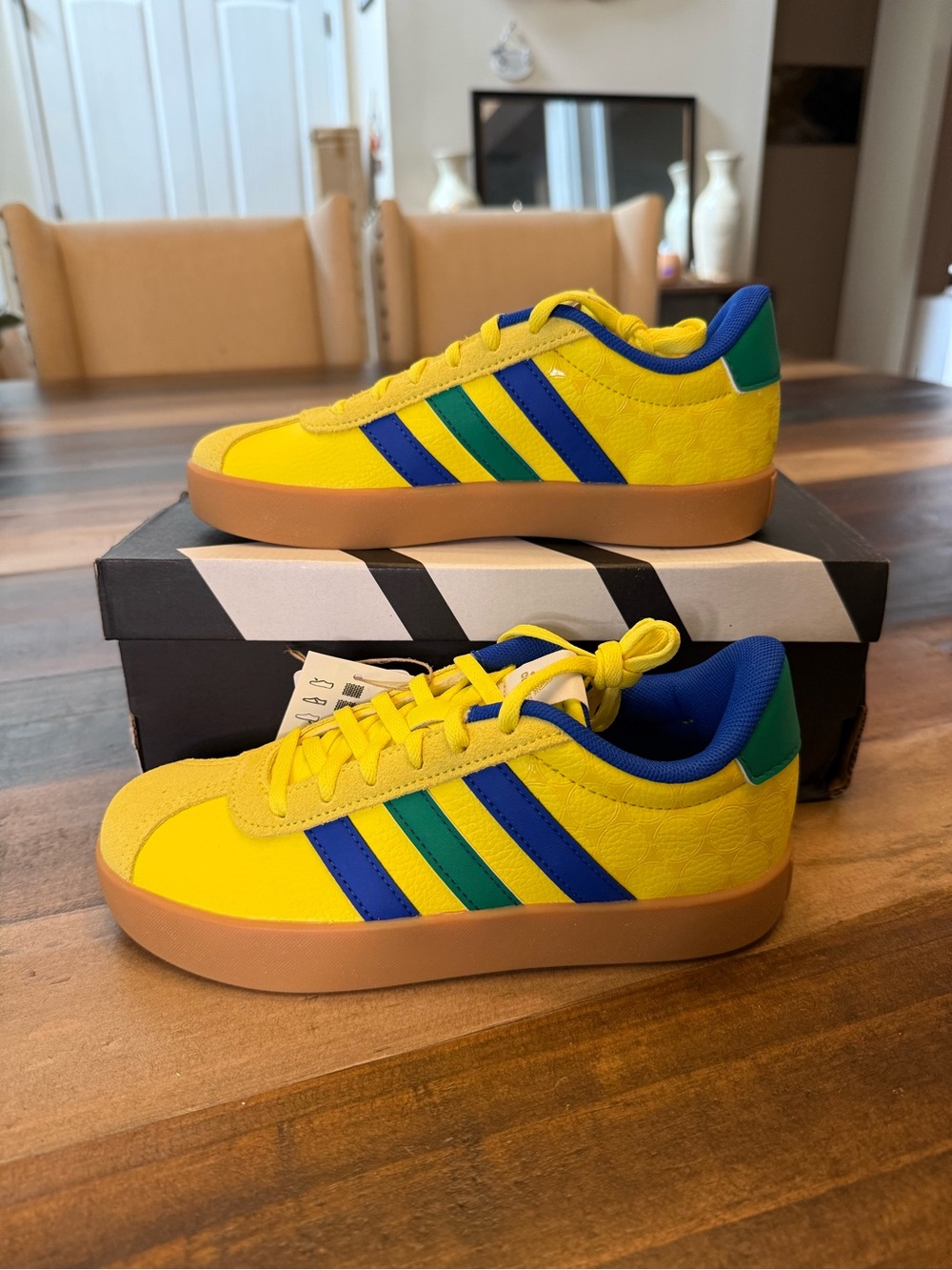 Adidas Kids Yellow Athletic Sneakers with Blue & Green Stripes